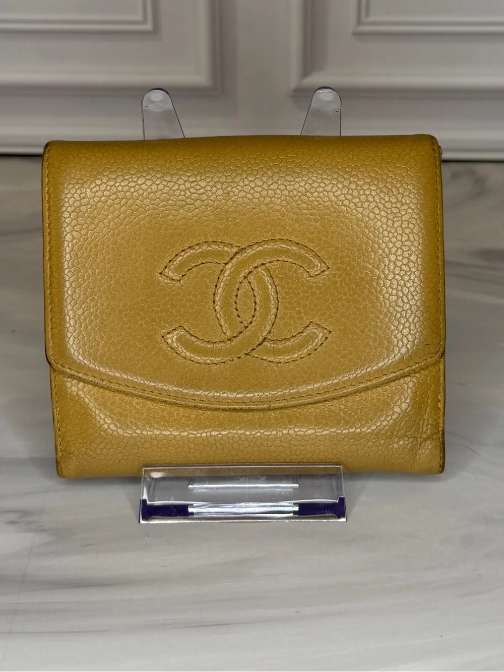 CHANEL Cambon Ligne Camel Caviar Leather Snap Bifold Wallet Vintage